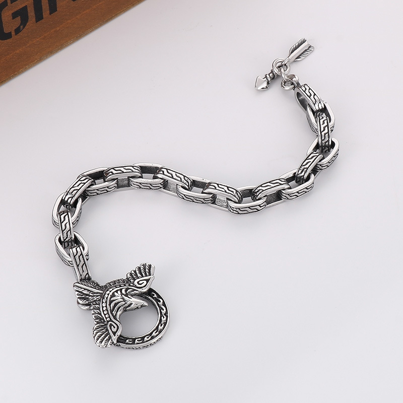925 Silver Punk Blackened Eagle Pattern Plaid Bracelet