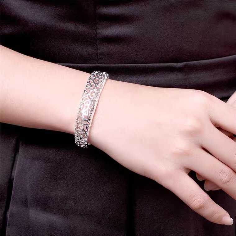 925 Silver Open Small Bezel Hollow Pattern Bracelet
