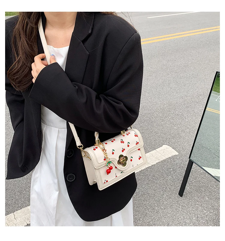 Cherry Shoulder Bag Purse For Women Cute Square Crossbody Bag Pu Leather Cherry Pattern Top-handle Handbag Small Satchel Bag