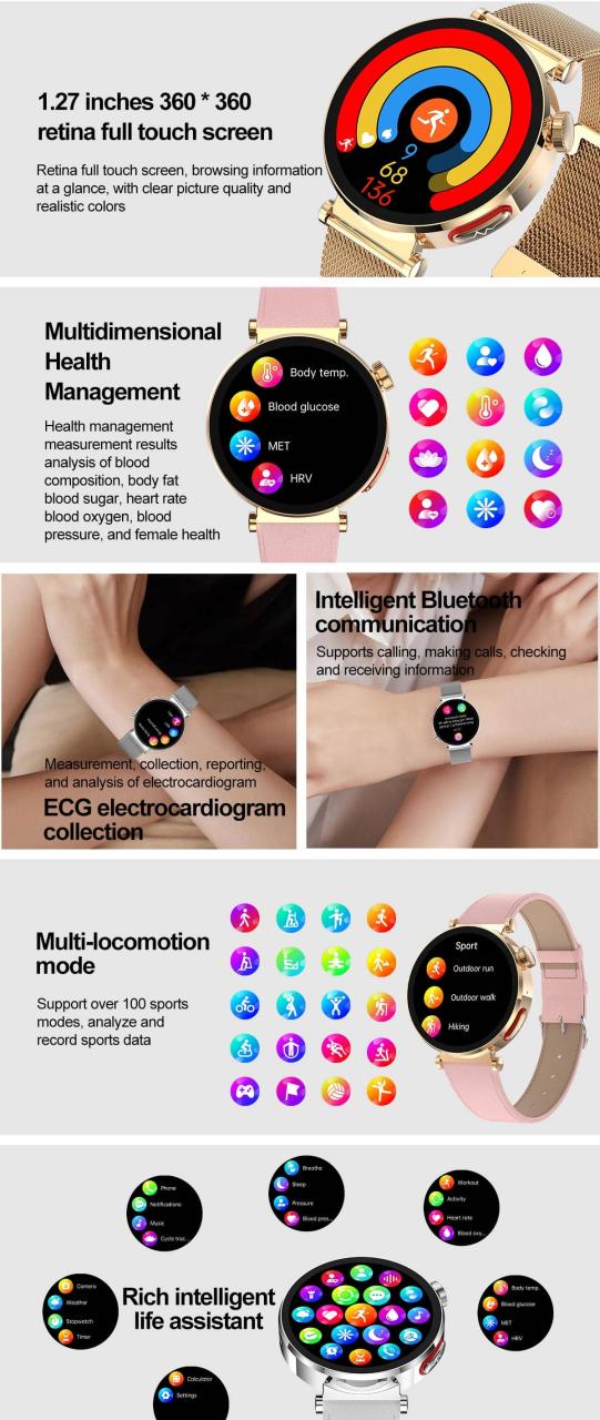 Blood Sugar Blood Pressure Blood Oxygen Monitoring Women‘s Smart Watch