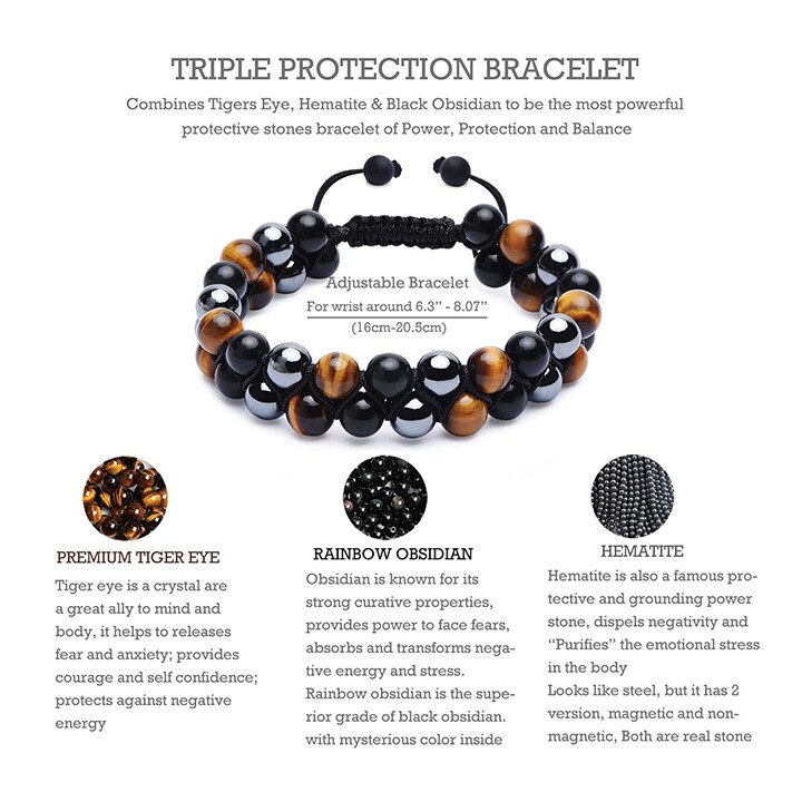 50% Discount /Triple Protection Bracelet-genuine Tigers Eye Black Obsidian And Hematite-the Perfect Gift