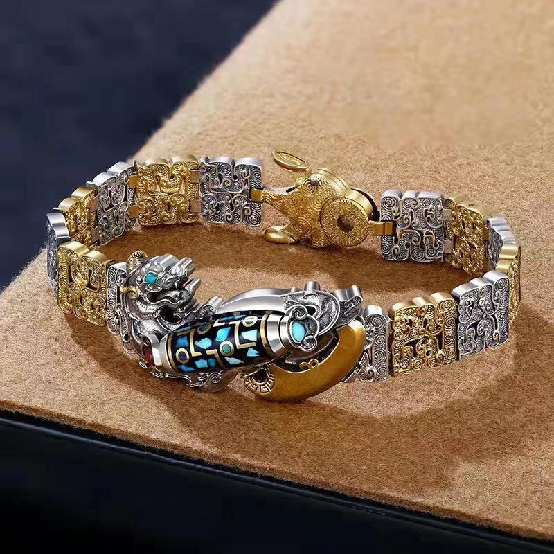 925 Silver Vintage Nine-eyed Dzi Bead Pixiu Bracelet