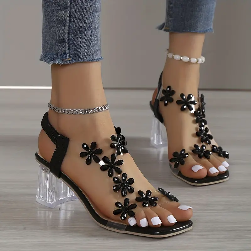 Last Day 49% Off – Women’s Flower Rhinestone Block Heel Sandals