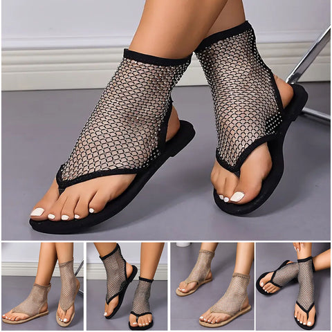 2024 New Women’s Rhinestone Mesh Flat Sandals