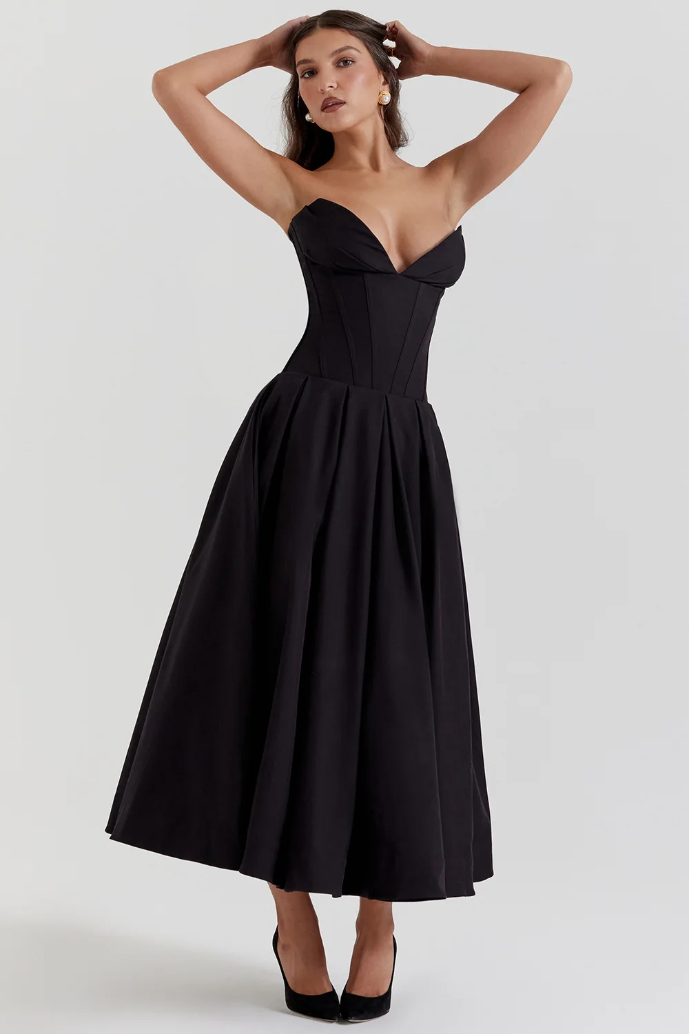 Deep V Neck Strapless Corset A-line Pleated Midi Dresses-black