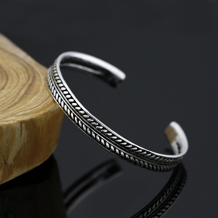 925 Silver Simple Handmade Vintage Feather Leaf Personality Bracelet