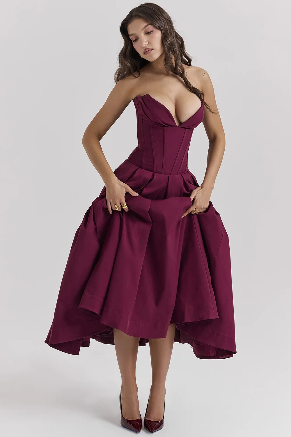 Deep V Neck Strapless Corset A-line Pleated Midi Dresses-black
