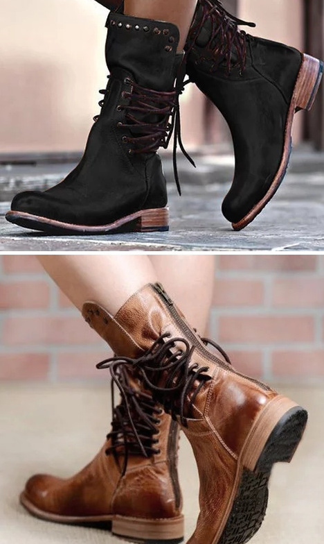 Cool Vintage Back Zipper Lace-up Mid-calf Boots