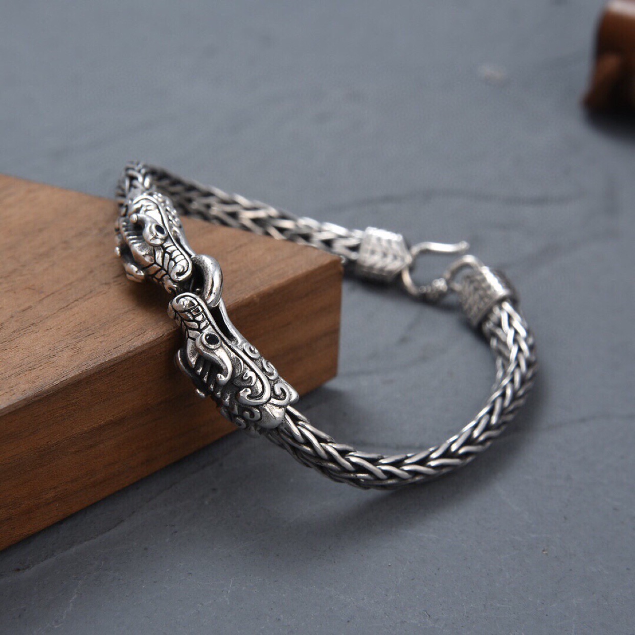 S925 Mens Double Dragon Character Braided Bracelet