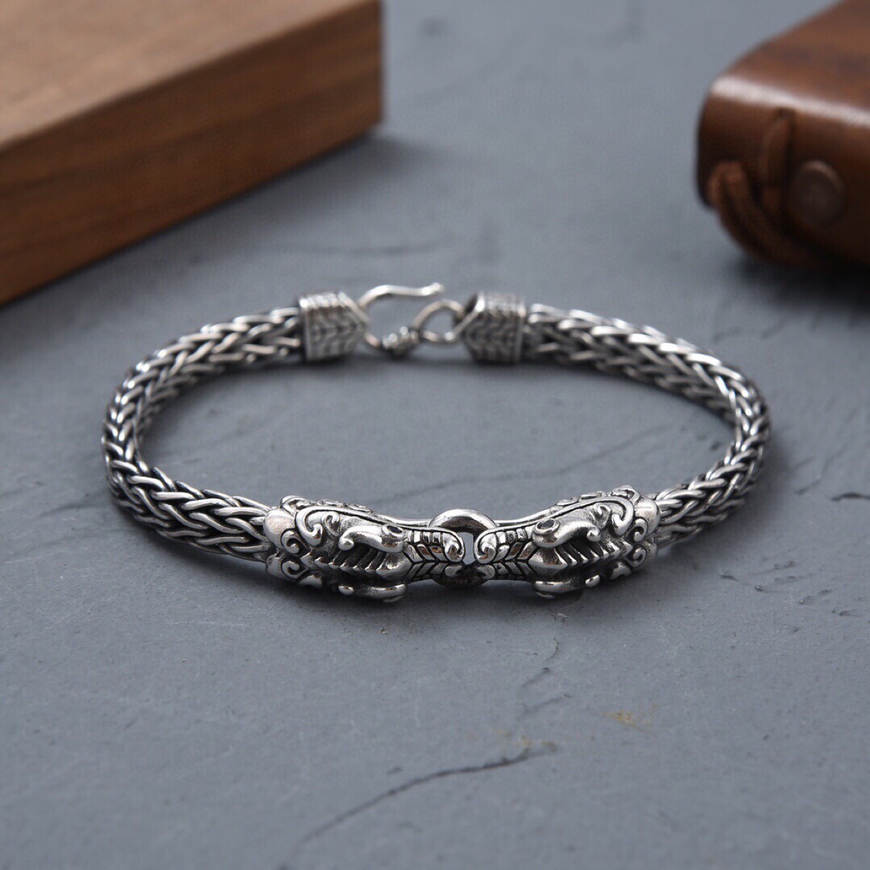 S925 Mens Double Dragon Character Braided Bracelet