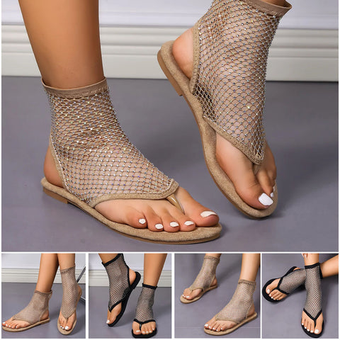 2024 New Women’s Rhinestone Mesh Flat Sandals