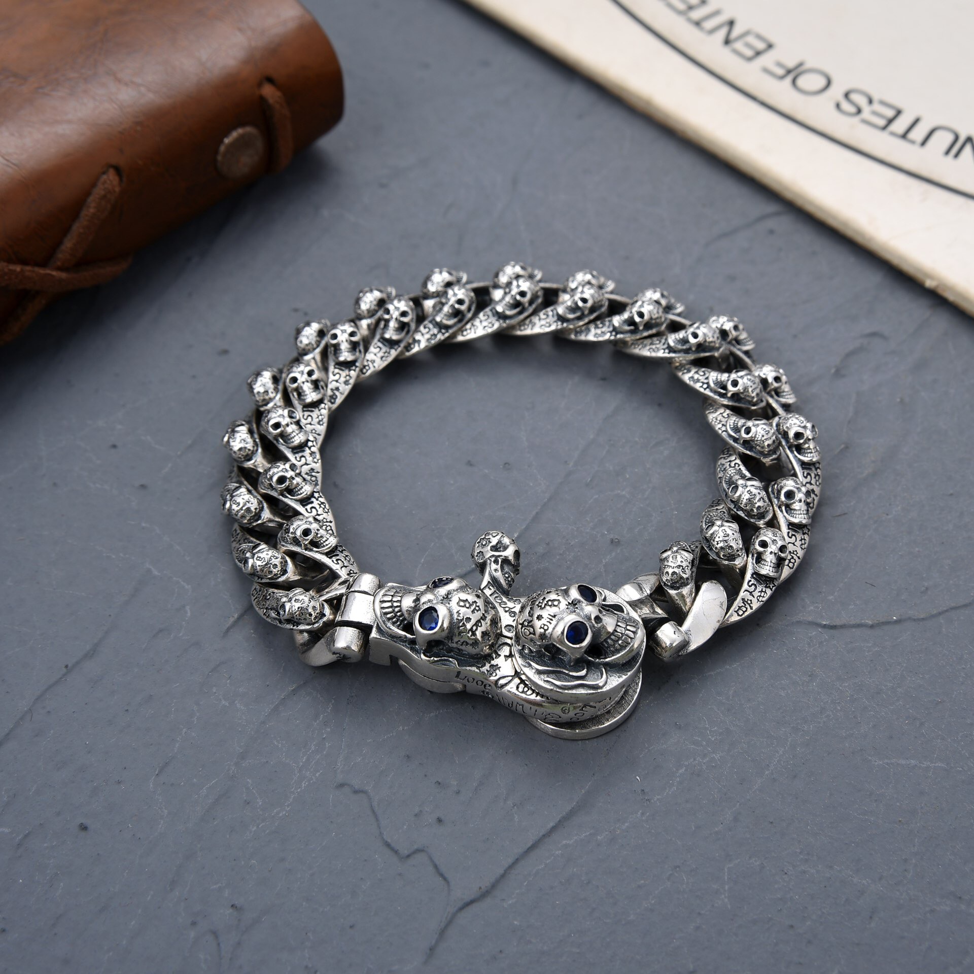 925 Silver Mens Personality Retro Skeleton New Graffiti Dark Hip-hop Bracelet
