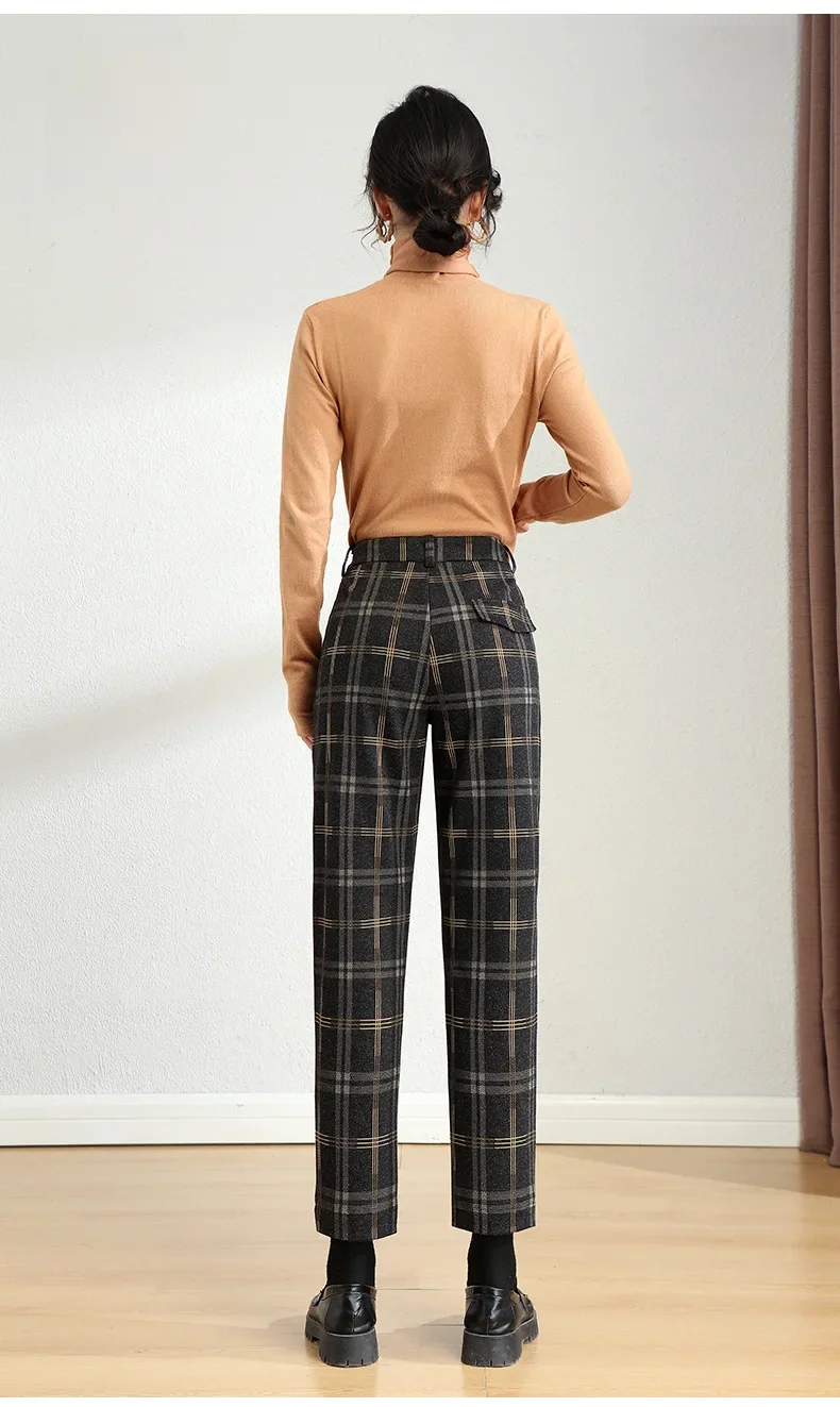 High Waisted Tummy Control Side Zip Pocket Plaid Skinny Work Pants