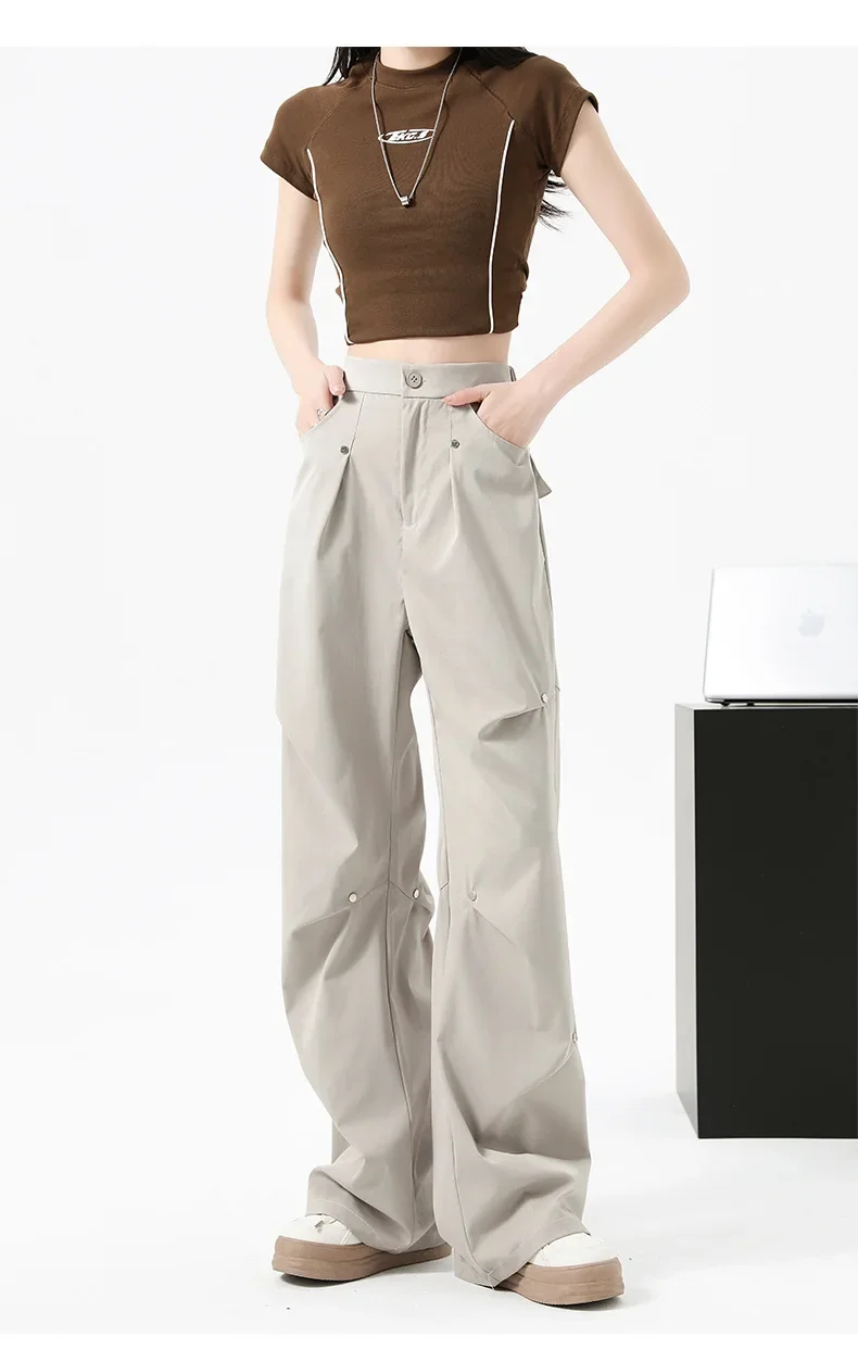 Mid Rise Button Zipper Side Pocket Casual Parachute Pants