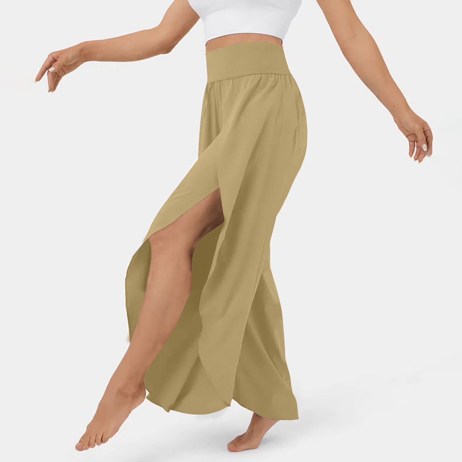 High Waisted Back Waistband Pocket Palazzo Flowy Split Wide Leg Quick Dry Casual Pants