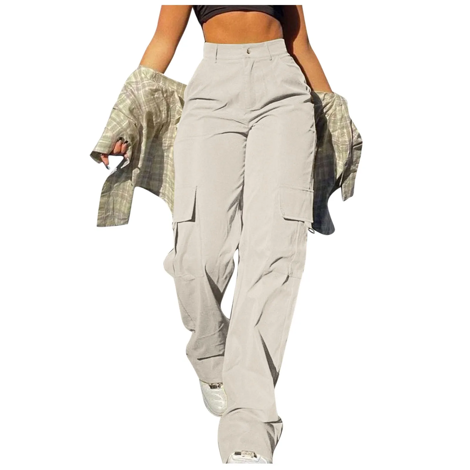 Mid Rise Button Zipper Side Pocket Wide Leg Casual Cargo Pants
