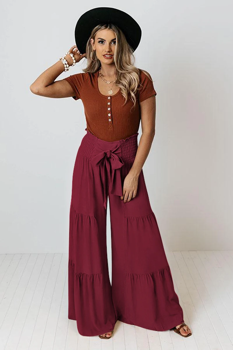 High Waisted Shirred Tie Front & Back Wide Leg Flowy Quick Dry Casual Pants