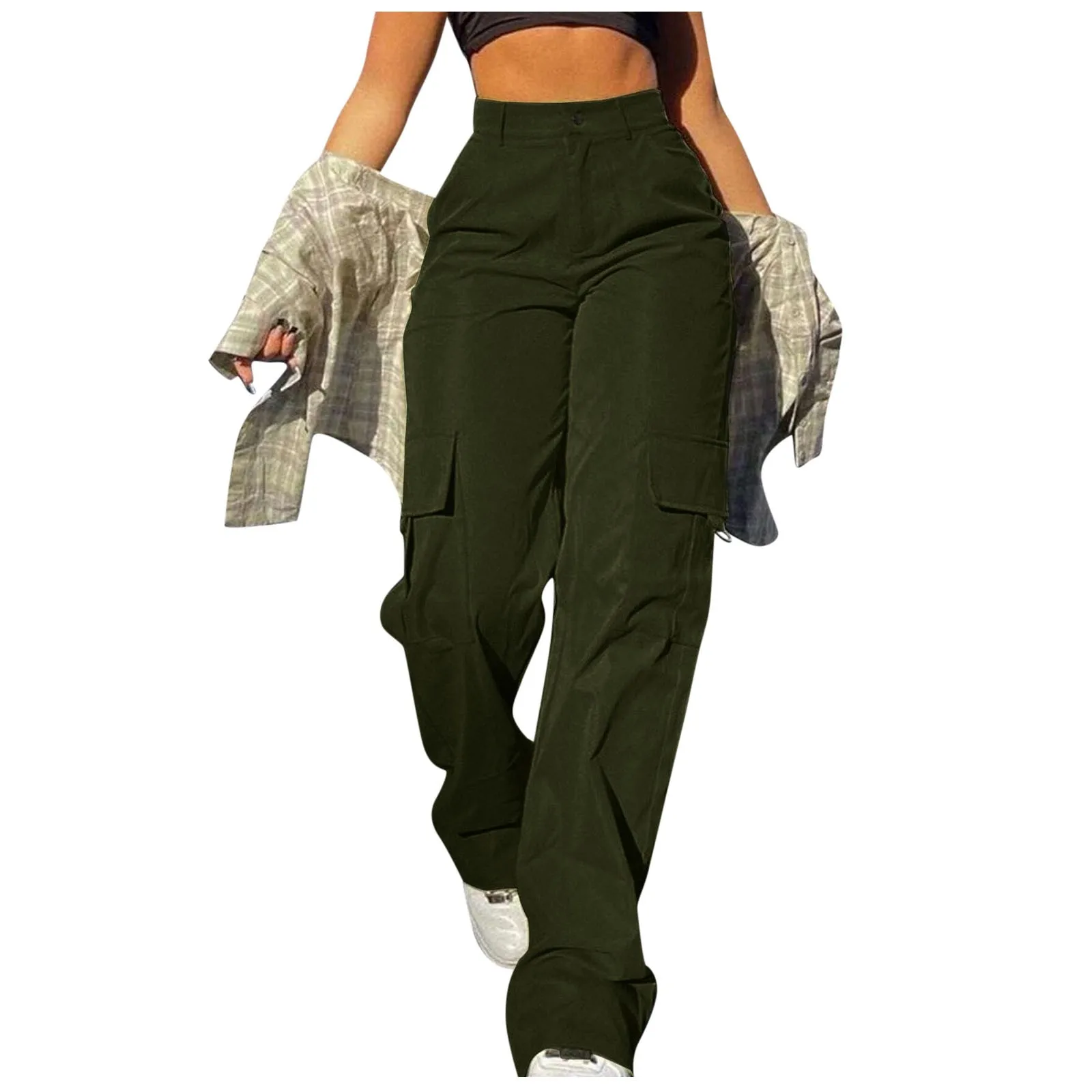 Mid Rise Button Zipper Side Pocket Wide Leg Casual Cargo Pants