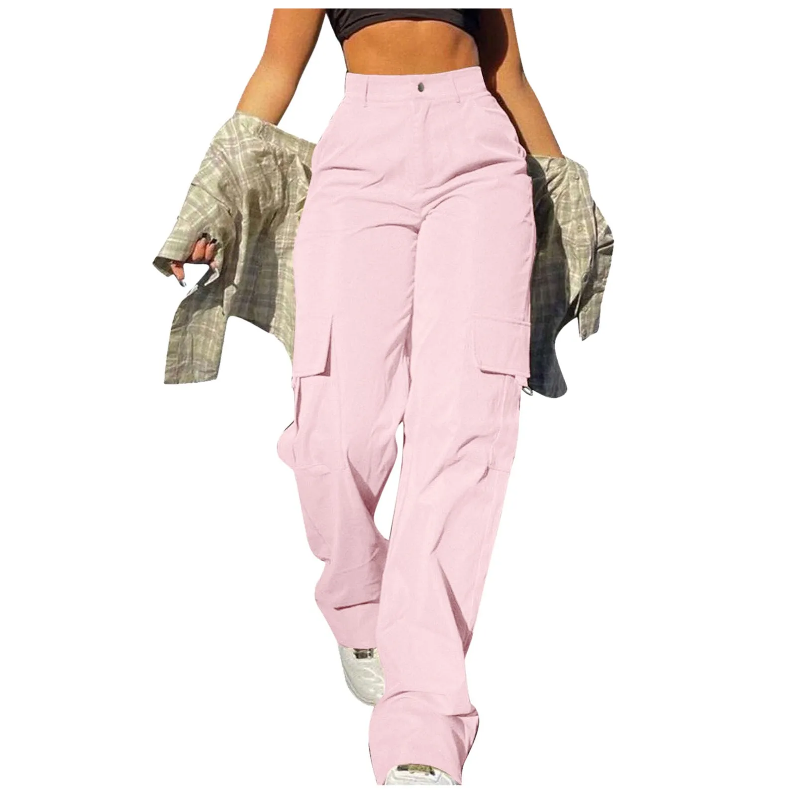 Mid Rise Button Zipper Side Pocket Wide Leg Casual Cargo Pants