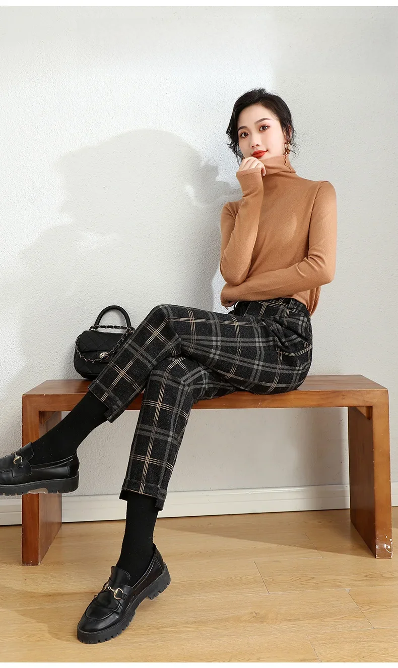 High Waisted Tummy Control Side Zip Pocket Plaid Skinny Work Pants