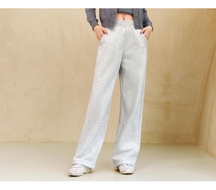 Mid Rise Ribbed Waistband Side Pocket Straight Leg Fleece Casual Pants