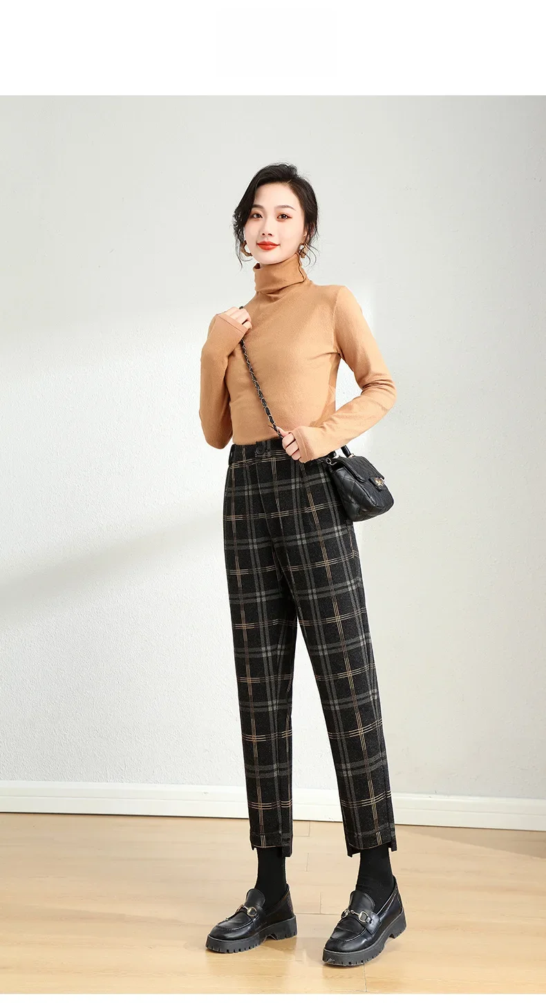 High Waisted Tummy Control Side Zip Pocket Plaid Skinny Work Pants