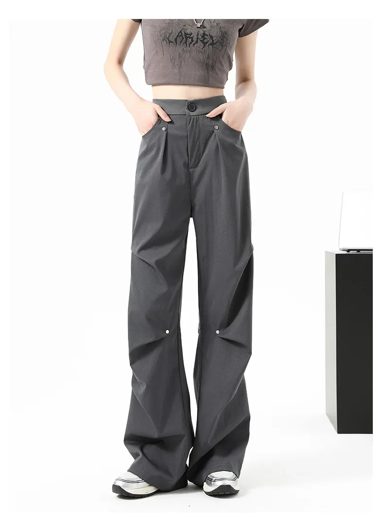 Mid Rise Button Zipper Side Pocket Casual Parachute Pants