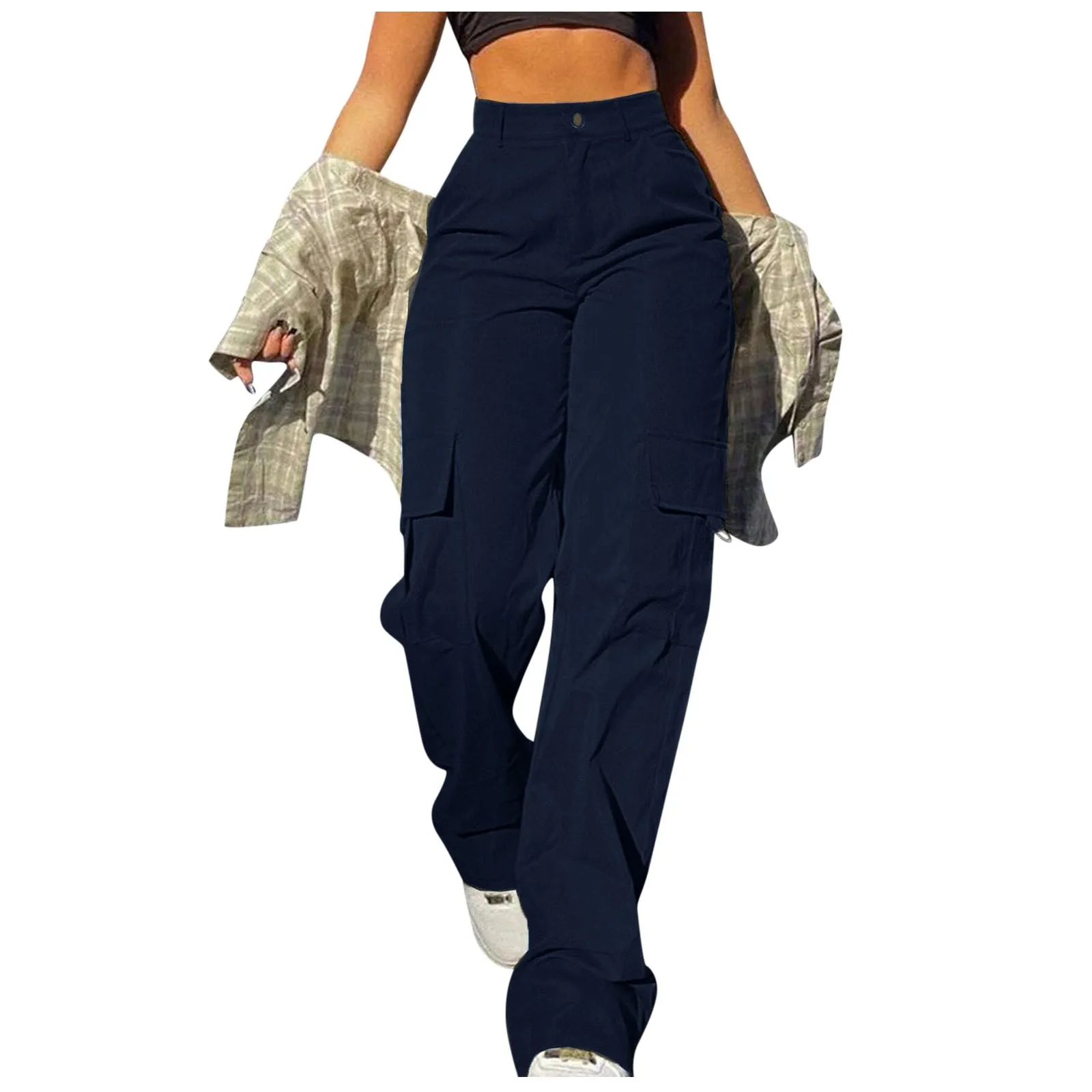 Mid Rise Button Zipper Side Pocket Wide Leg Casual Cargo Pants