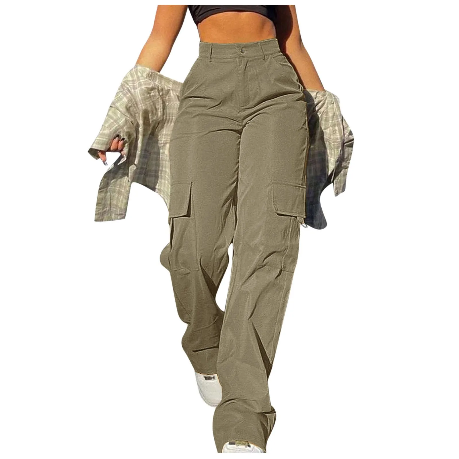 Mid Rise Button Zipper Side Pocket Wide Leg Casual Cargo Pants