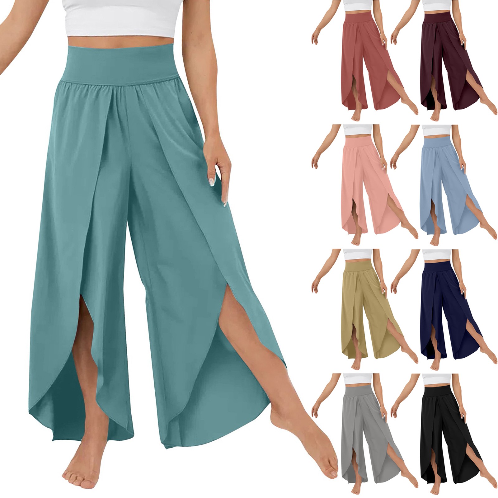 High Waisted Back Waistband Pocket Palazzo Flowy Split Wide Leg Quick Dry Casual Pants