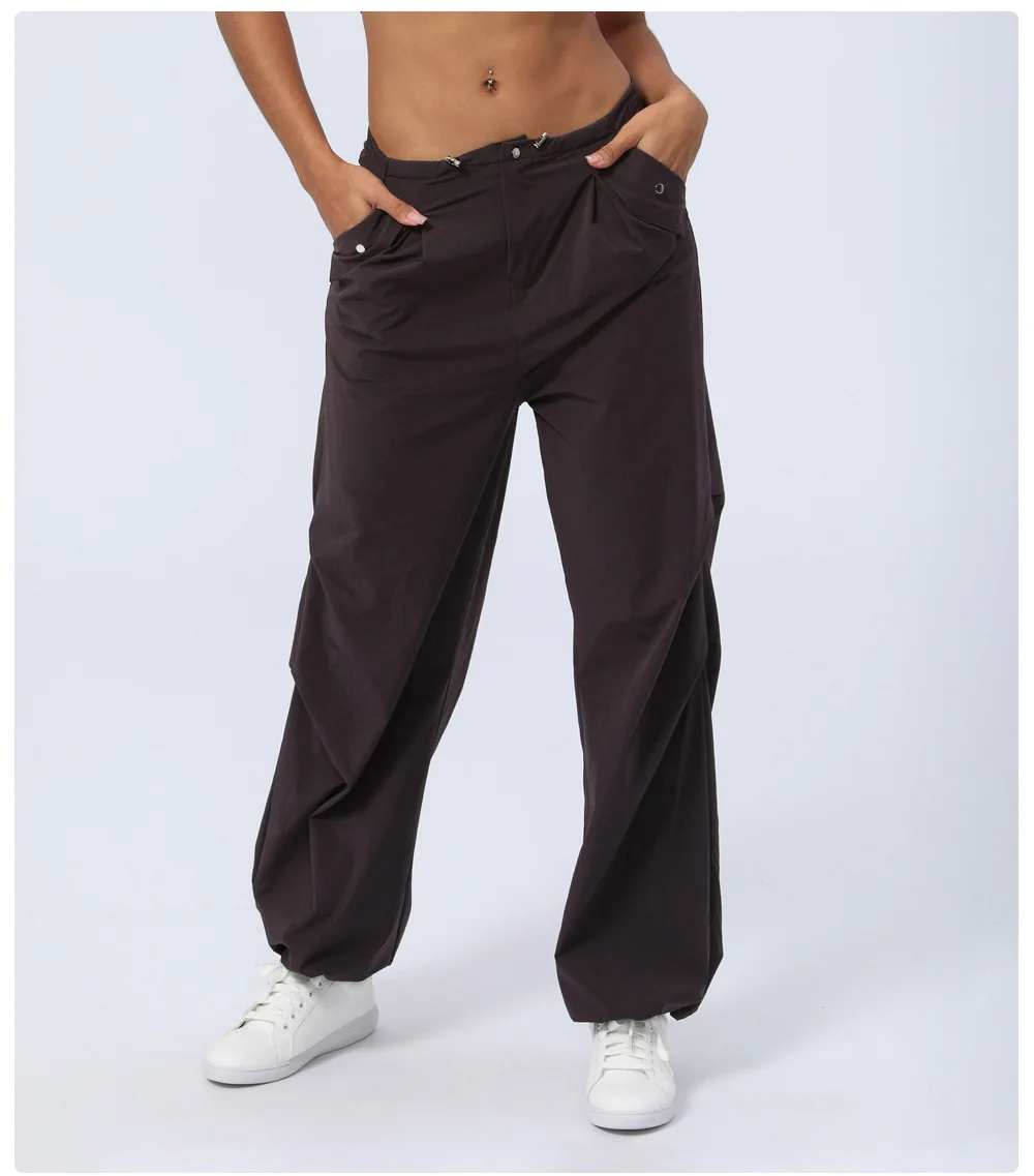 Wear-resistant Mid Rise Adjustable Drawcord Side Pocket Straight Leg Casual Pants