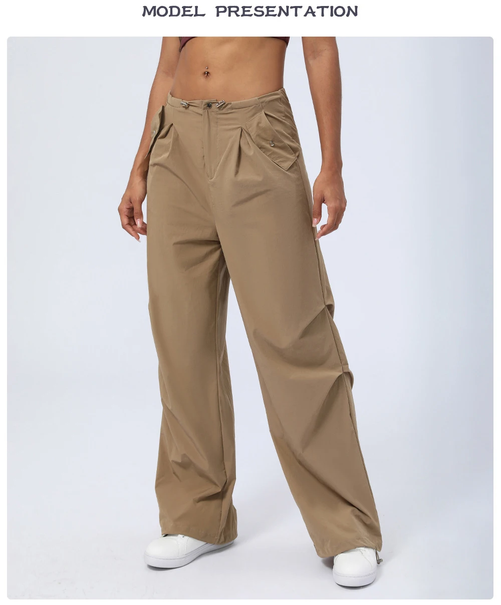 Wear-resistant Mid Rise Adjustable Drawcord Side Pocket Straight Leg Casual Pants
