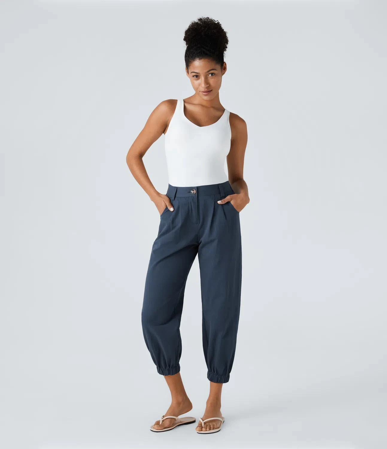 Mid Rise Button Zipper Side Pocket Casual Cotton Joggers