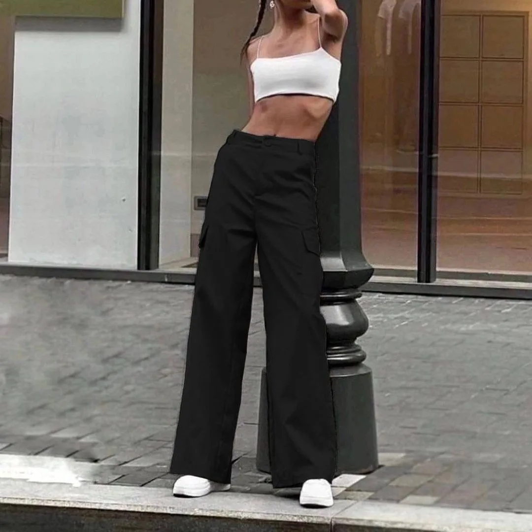 Mid Rise Button Zipper Multiple Pockets Cargo Wide Leg Casual Pants