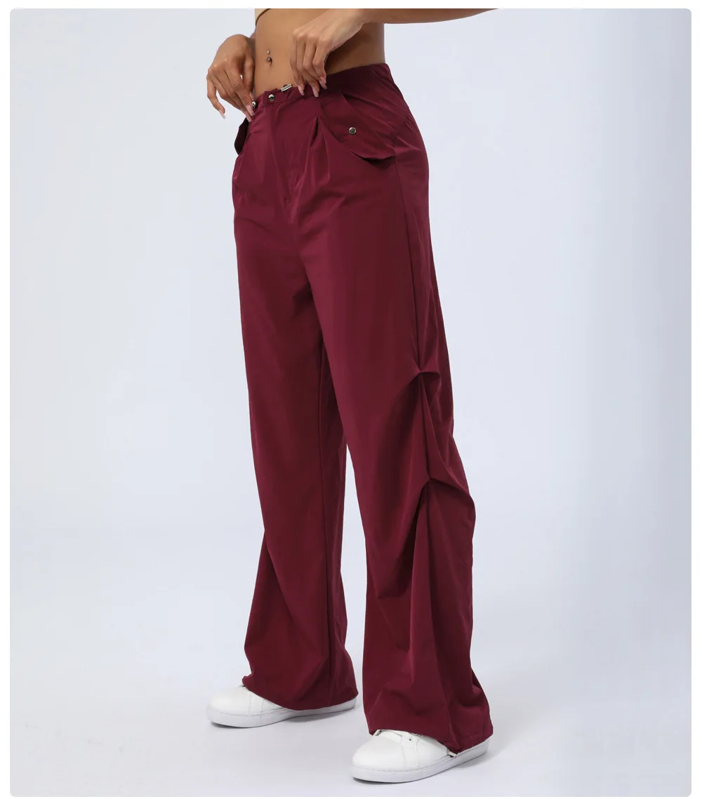 Wear-resistant Mid Rise Adjustable Drawcord Side Pocket Straight Leg Casual Pants