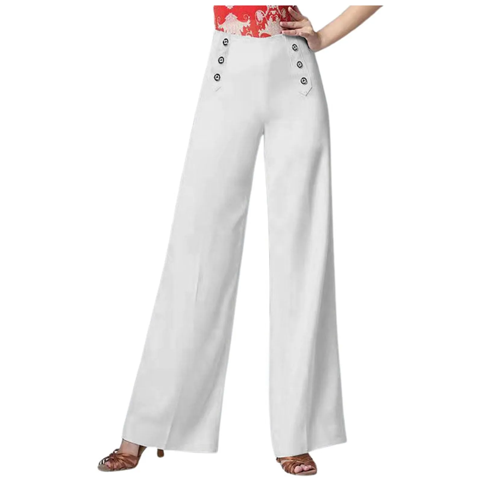 High Waisted Decorative Button Side Pocket Wide Leg Twill Work Pants