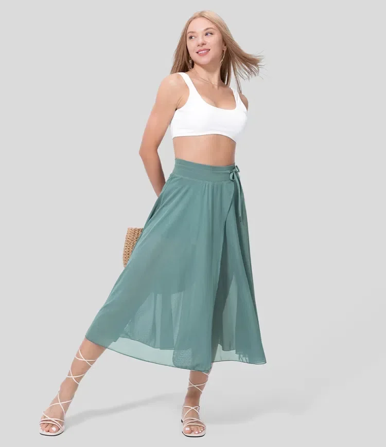 High Waisted Drawstring Contrast Mesh 2-in-1 Side Pocket Flowy Midi Casual Skirt