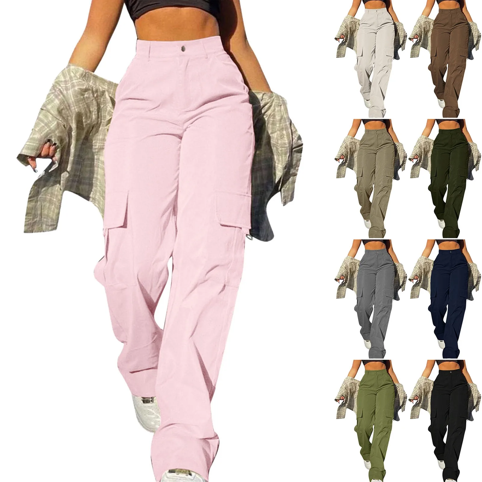 Mid Rise Button Zipper Side Pocket Wide Leg Casual Cargo Pants