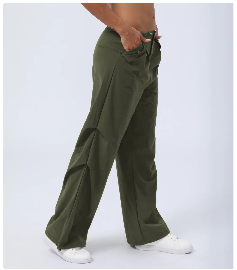 Wear-resistant Mid Rise Adjustable Drawcord Side Pocket Straight Leg Casual Pants