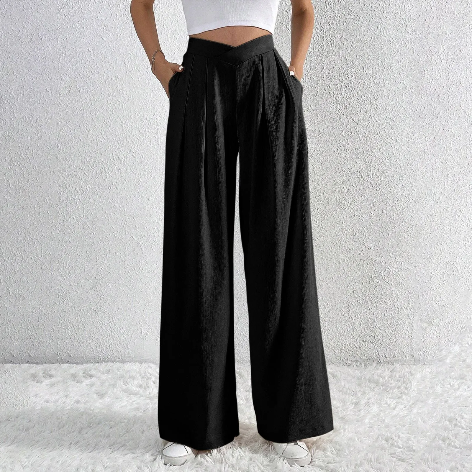 High Waisted Crossover Side Pocket Wide Leg Micro Waffle Work Pants