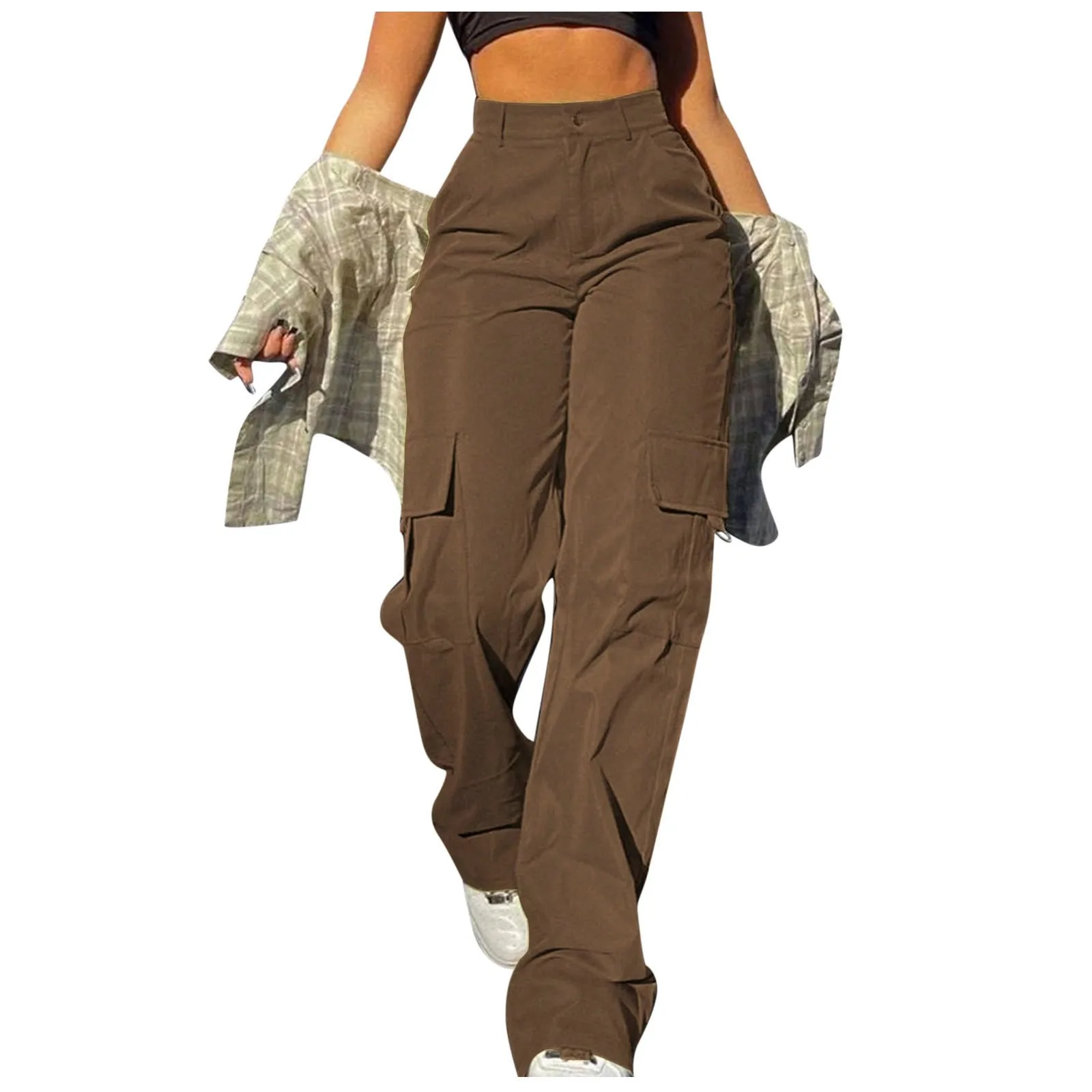Mid Rise Button Zipper Side Pocket Wide Leg Casual Cargo Pants