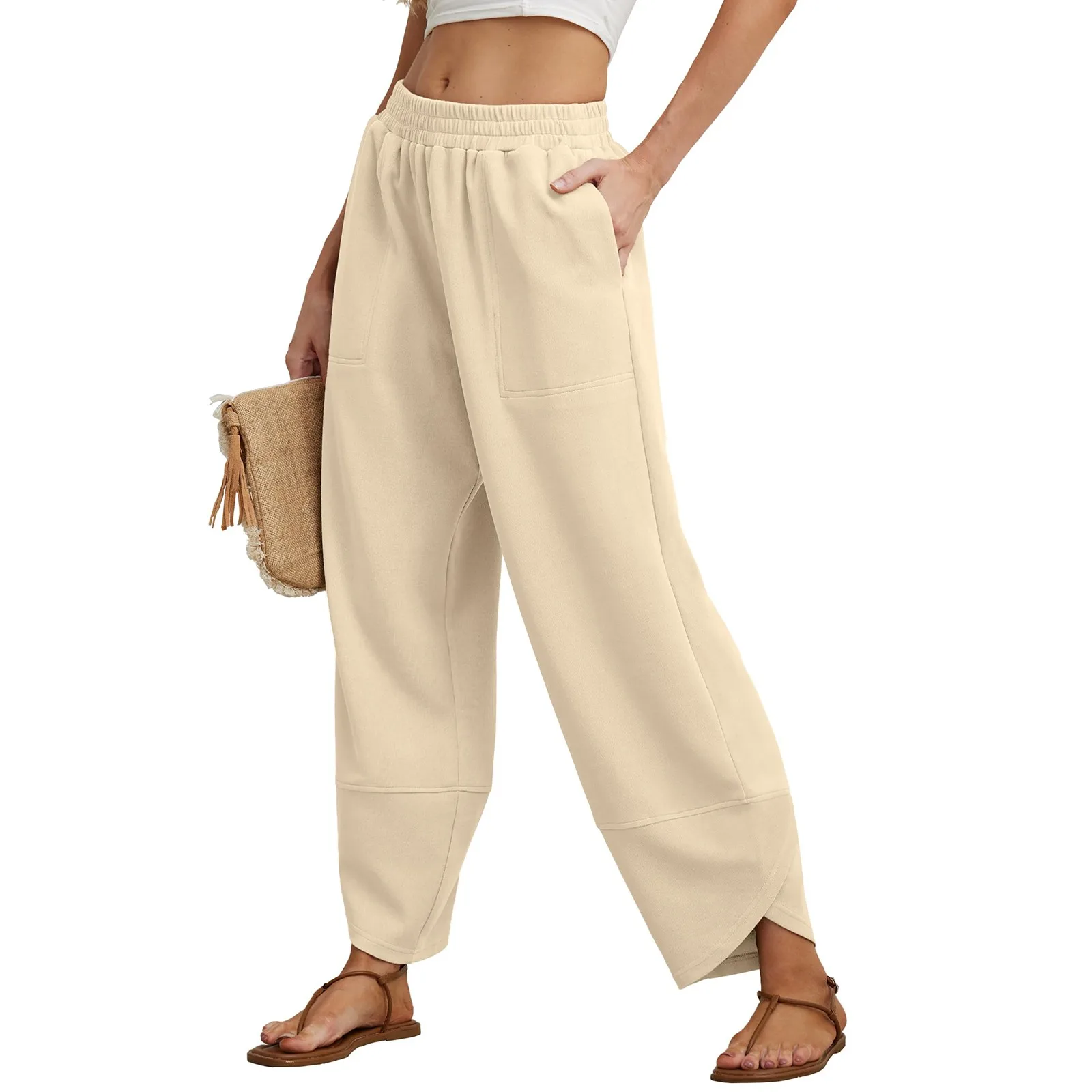 High Waisted Elastic Waist Side Pocket Crossover Hem Solid Waffle Straight Leg Casual Pants