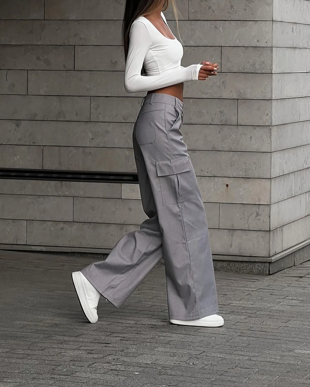 Mid Rise Button Zipper Multiple Pockets Cargo Wide Leg Casual Pants