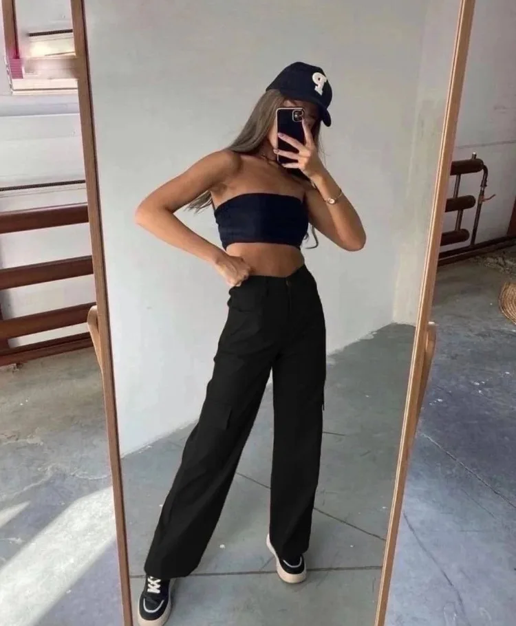Mid Rise Button Zipper Multiple Pockets Cargo Wide Leg Casual Pants