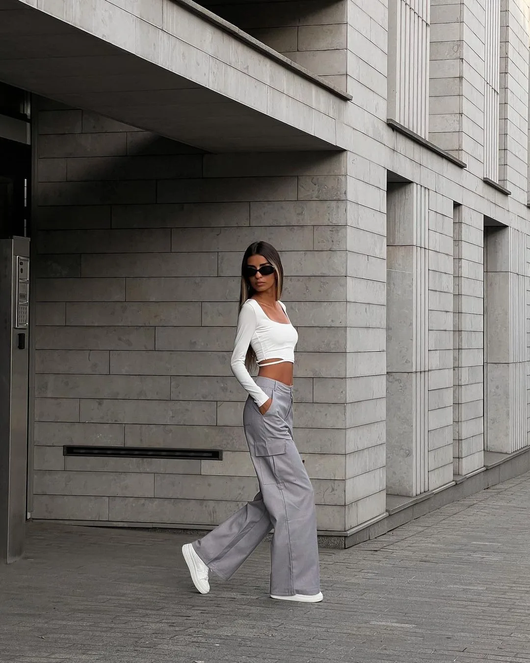 Mid Rise Button Zipper Multiple Pockets Cargo Wide Leg Casual Pants