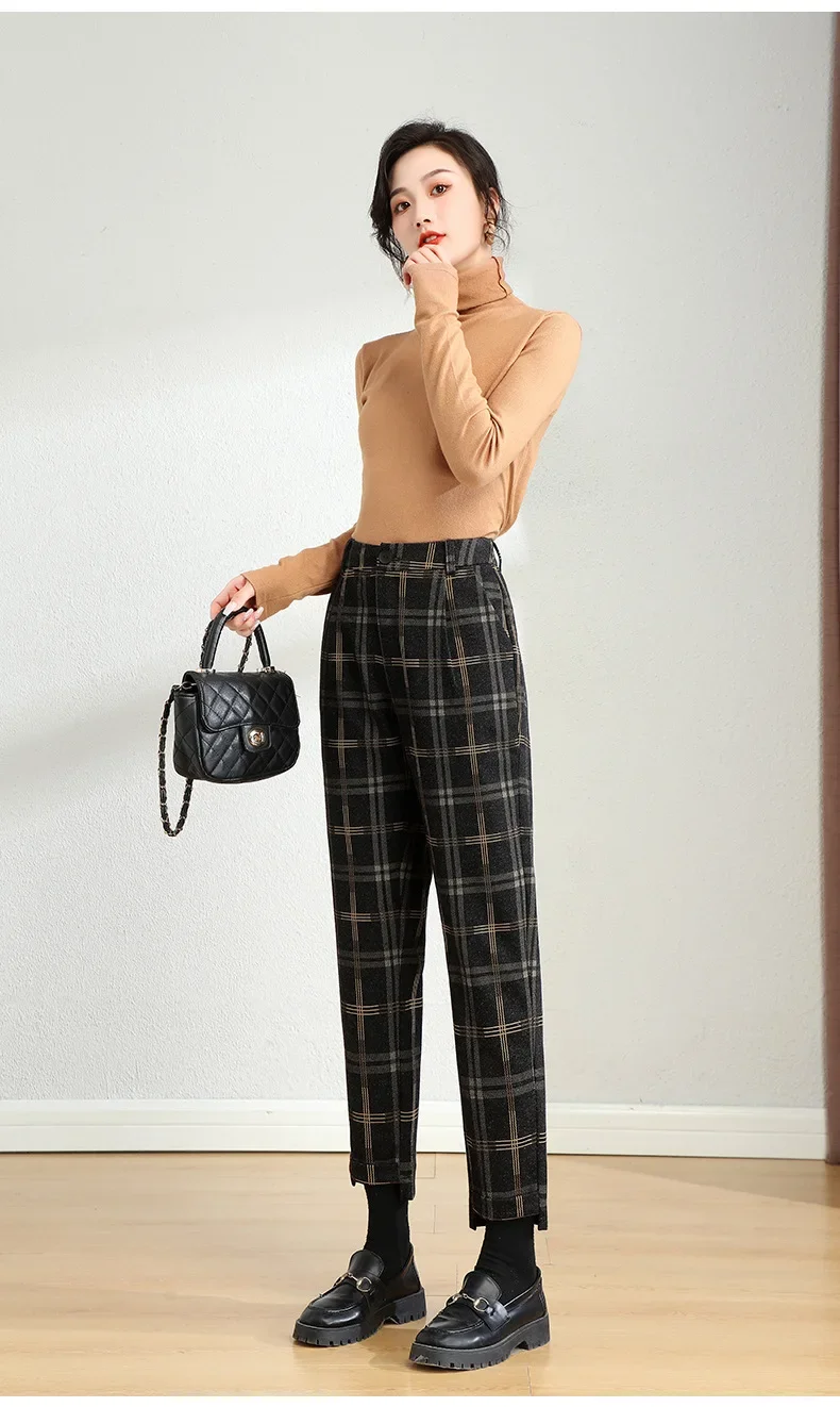 High Waisted Tummy Control Side Zip Pocket Plaid Skinny Work Pants