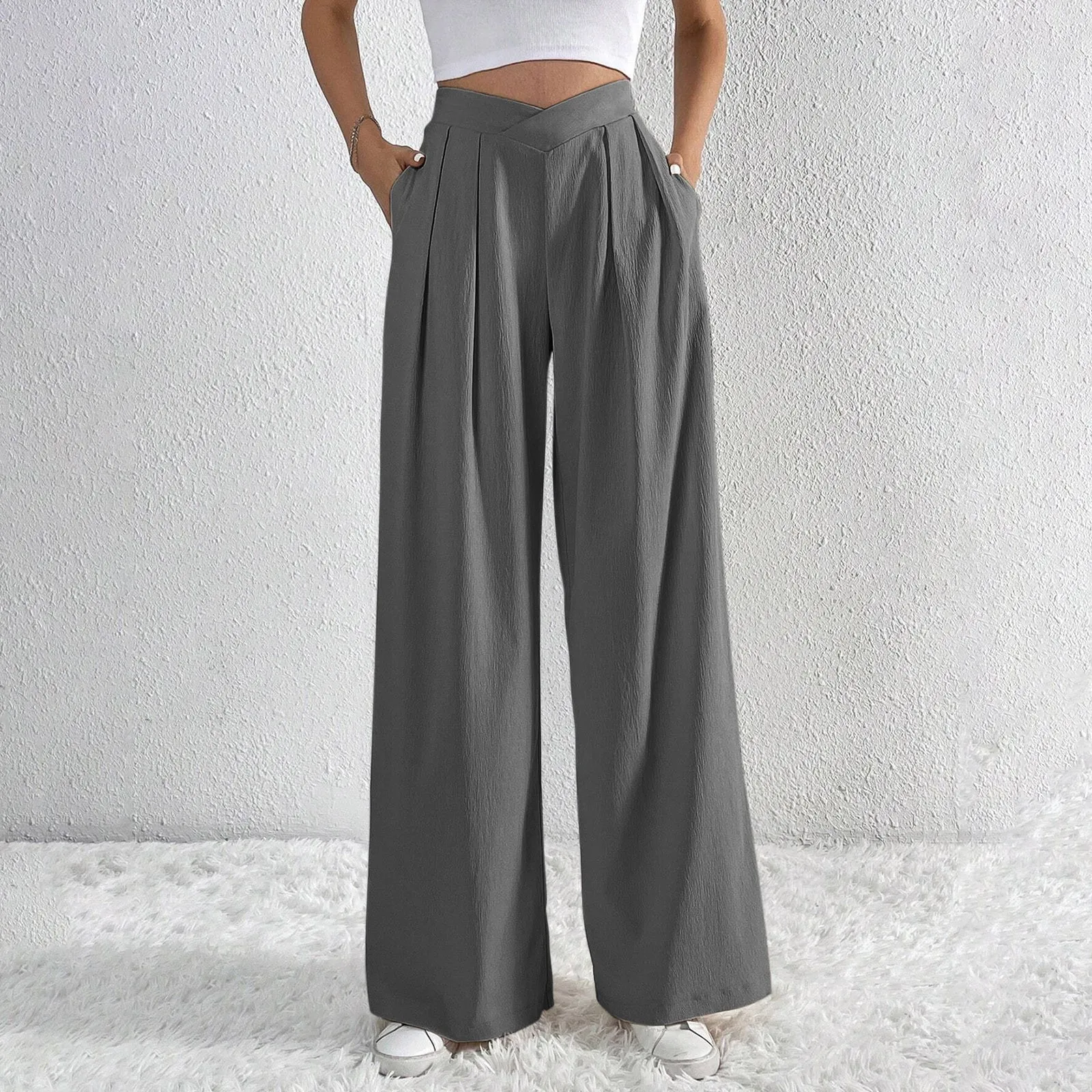 High Waisted Crossover Side Pocket Wide Leg Micro Waffle Work Pants