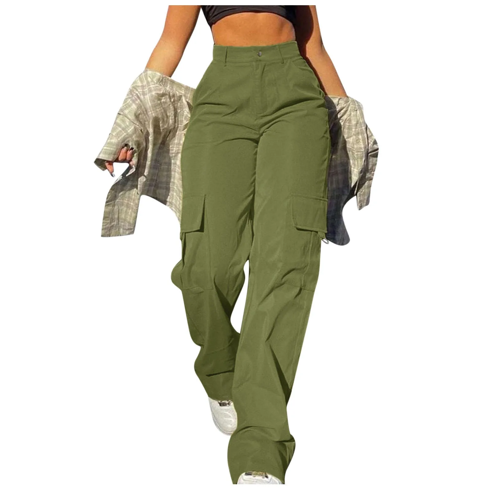 Mid Rise Button Zipper Side Pocket Wide Leg Casual Cargo Pants