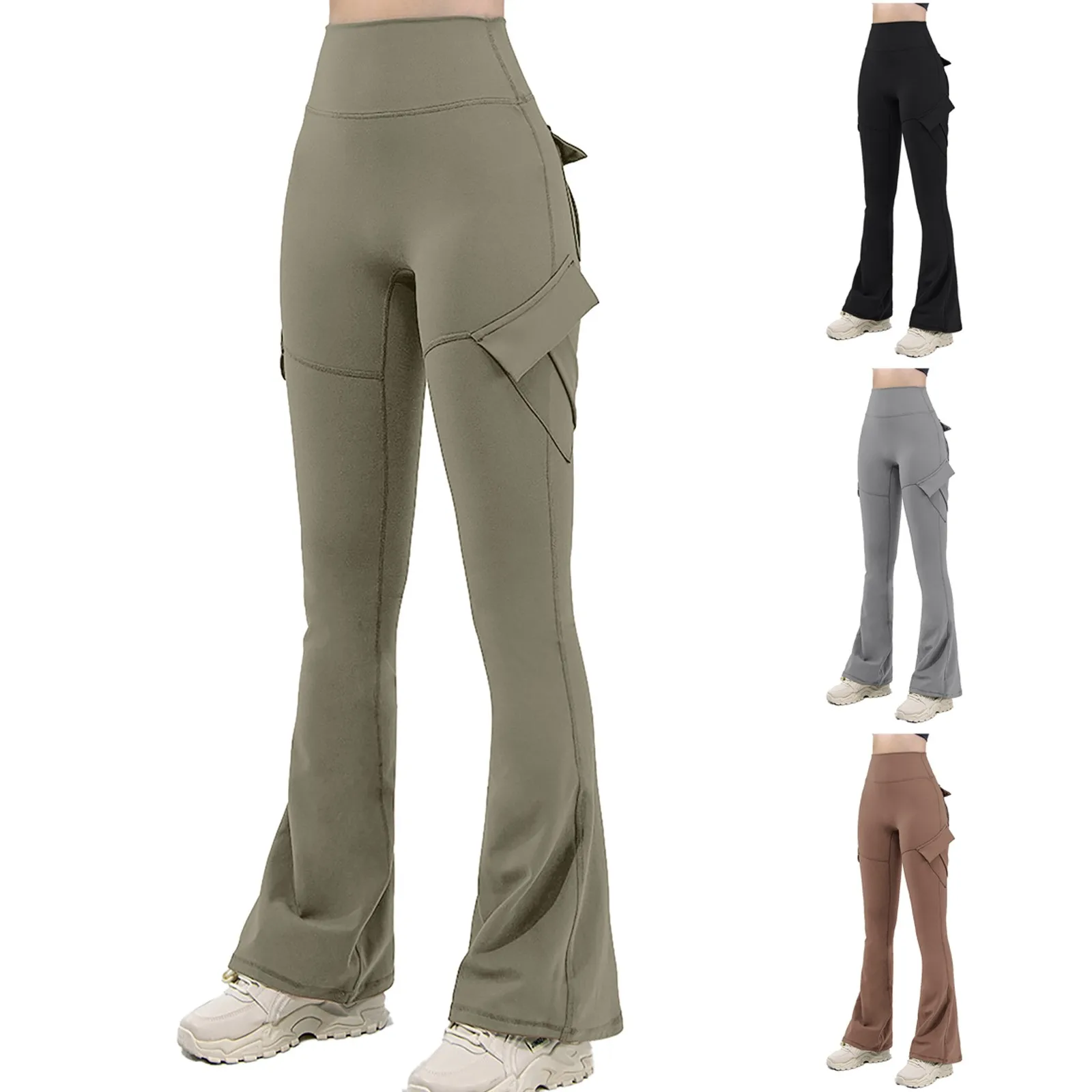 High Waisted Side Flap Pocket Cargo Flare Work Pants