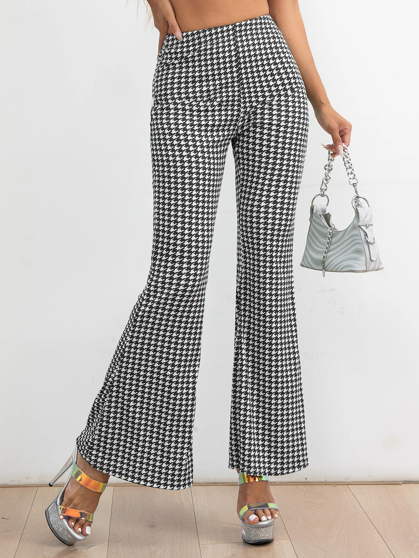 High Waisted Plaid Flare Casual Pants